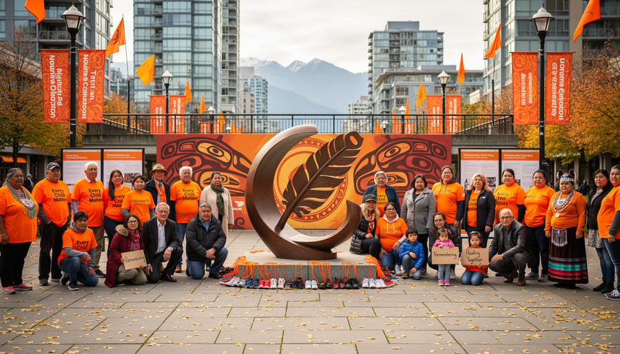 People standing near First Nations artwork and red and black textiles at a Vancouver civic space